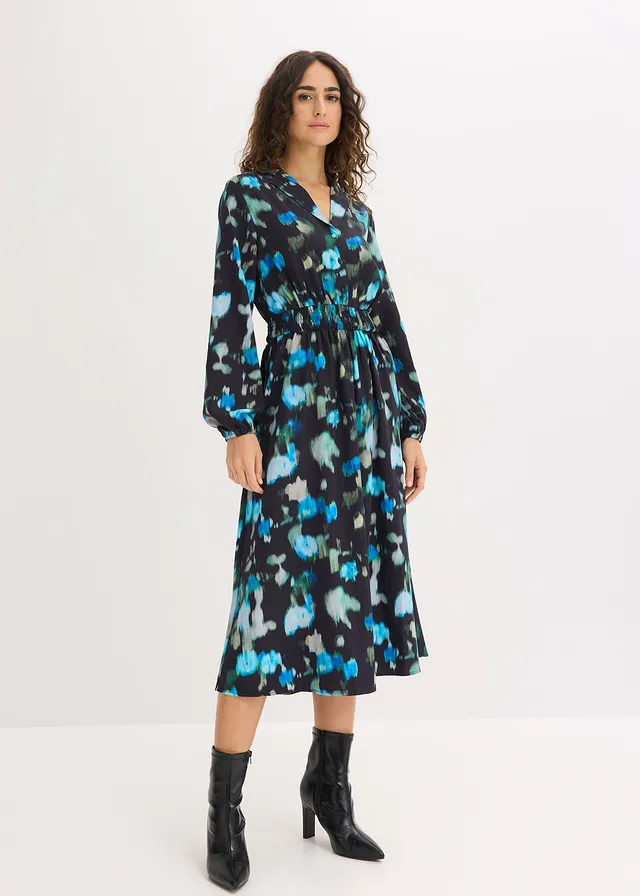 Midi jurk, Kleur: zwart gebloemd