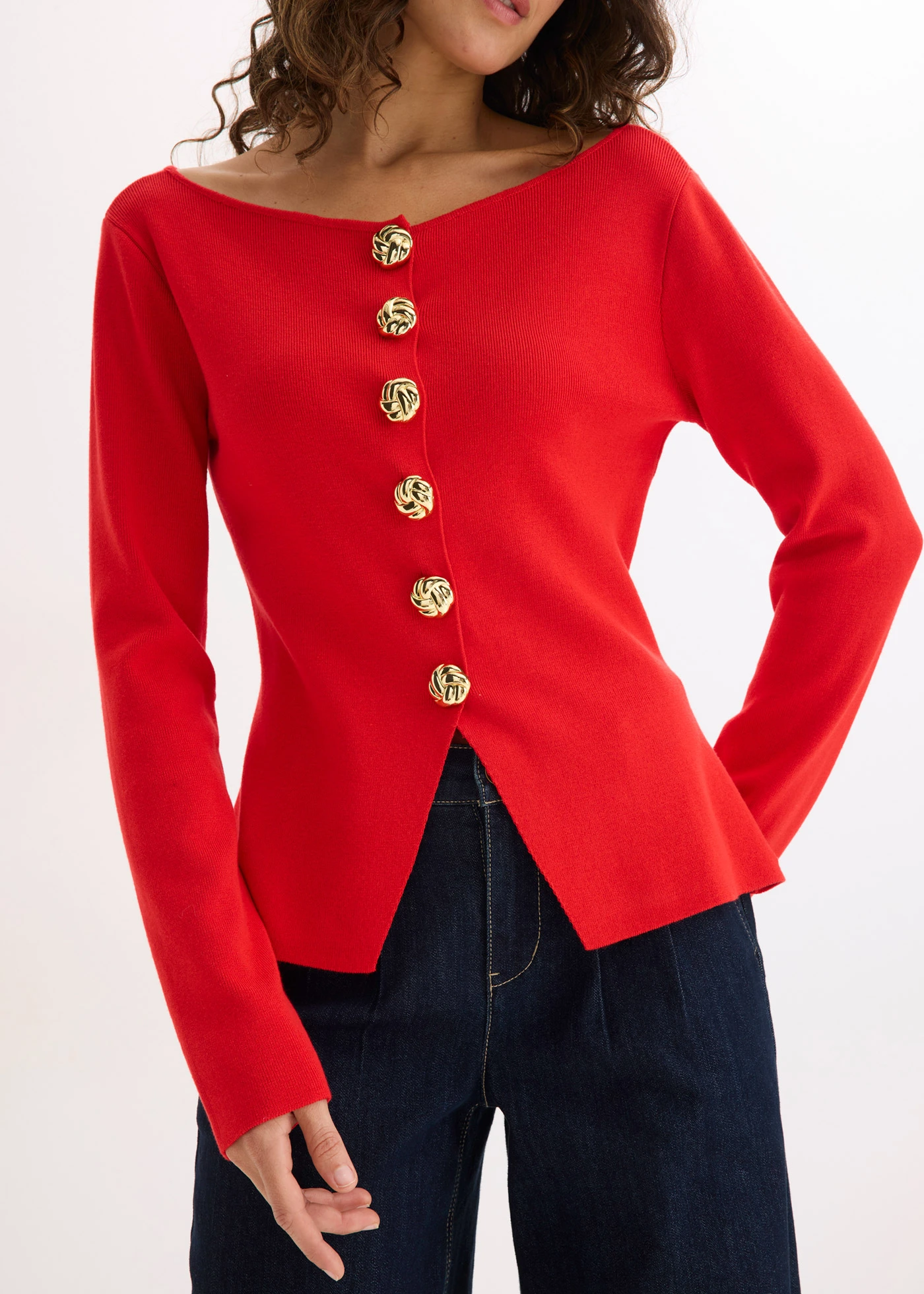 Peplum kötött kardián dekoratív gombokkal • eperpiros • bonprix áruház