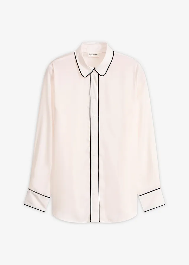 Overhemdblouse van soepel satijn, Kleur: wolwit-zwart