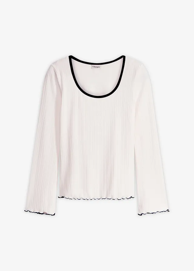 Geribd longsleeve met strikdetail • wolwit met zwart • bonprix online shop