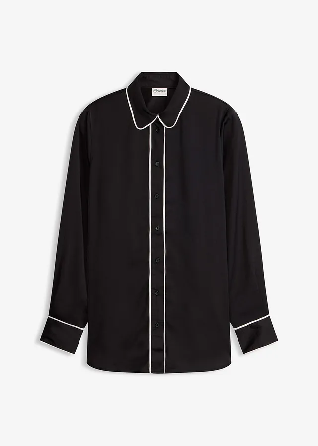 Bluzka koszulowa z lejącej satyny • czarny + biel wełny • sklep bonprix