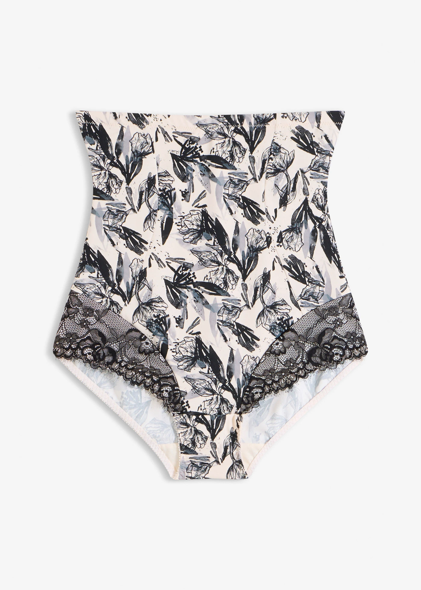 High Waist női alsó, közepes formáló hatással, csipkével • fekete-natúrbézs virágmintás • bonprix áruház