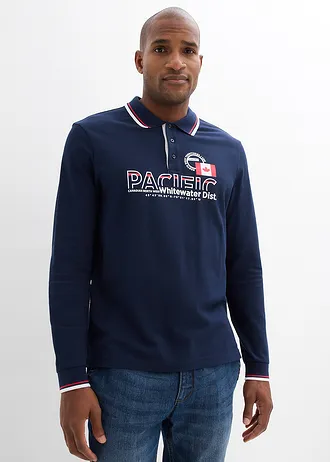 Polo manches longues en maille piquée 100% coton • bleu foncé imprimé • Boutique bonprix