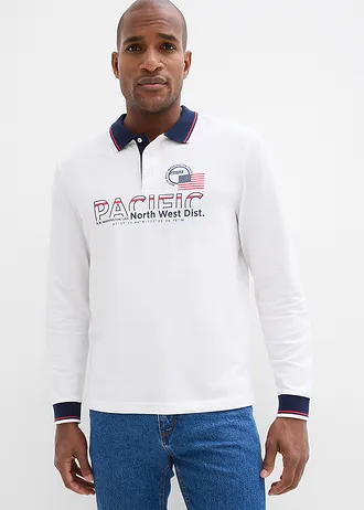 Bluză polo Piqué, cu mâneci lungi, din bumbac organic 100% • alb cu imprimeu • magazin bonprix