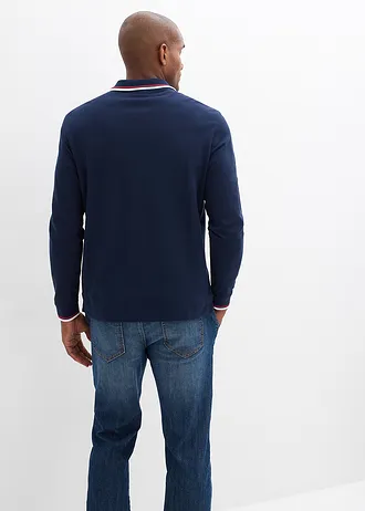 Polo manches longues en maille piquée 100% coton, Couleur: bleu foncé imprimé