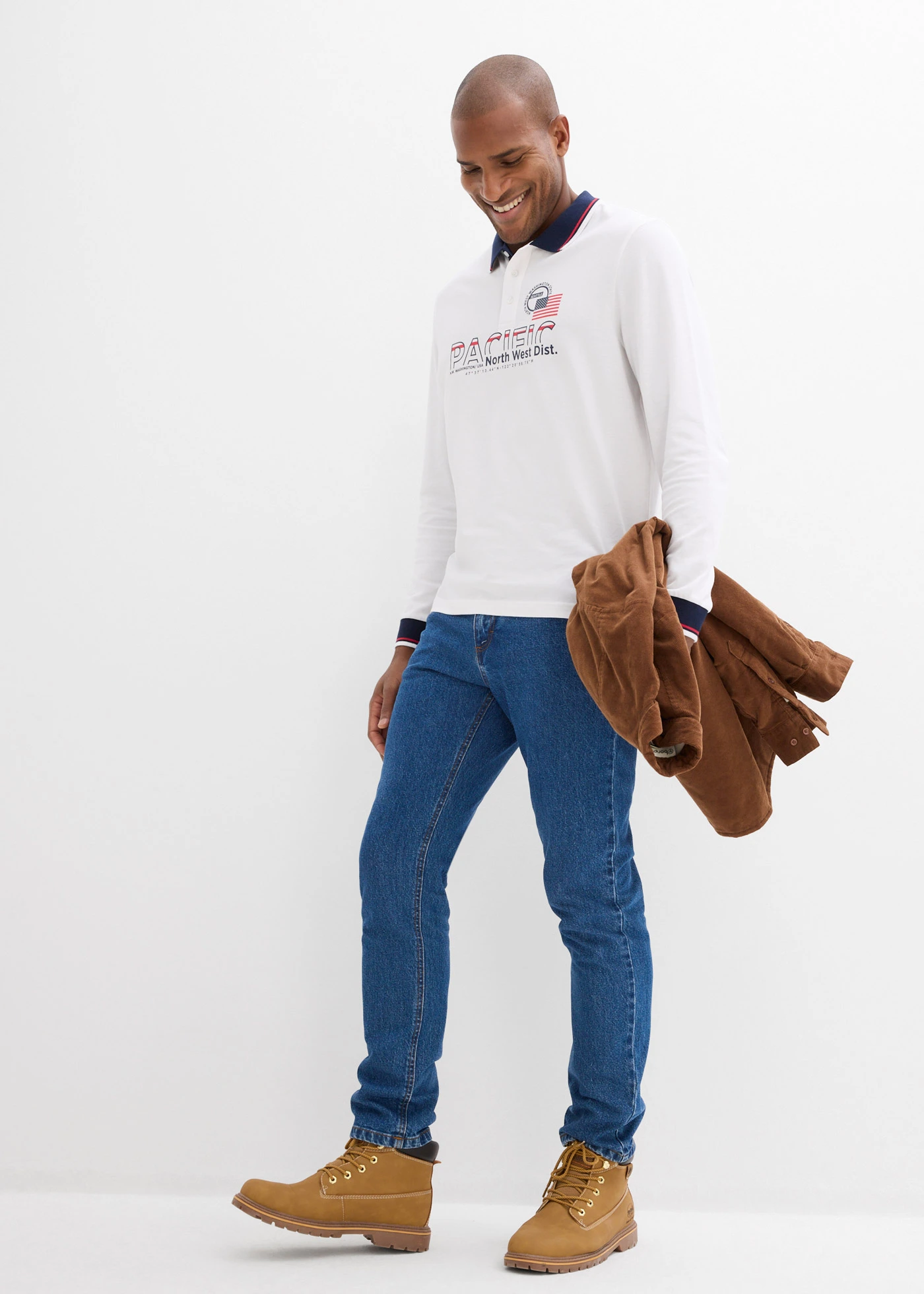 Polo manches longues en maille piquée 100% coton • blanc imprimé • Boutique bonprix