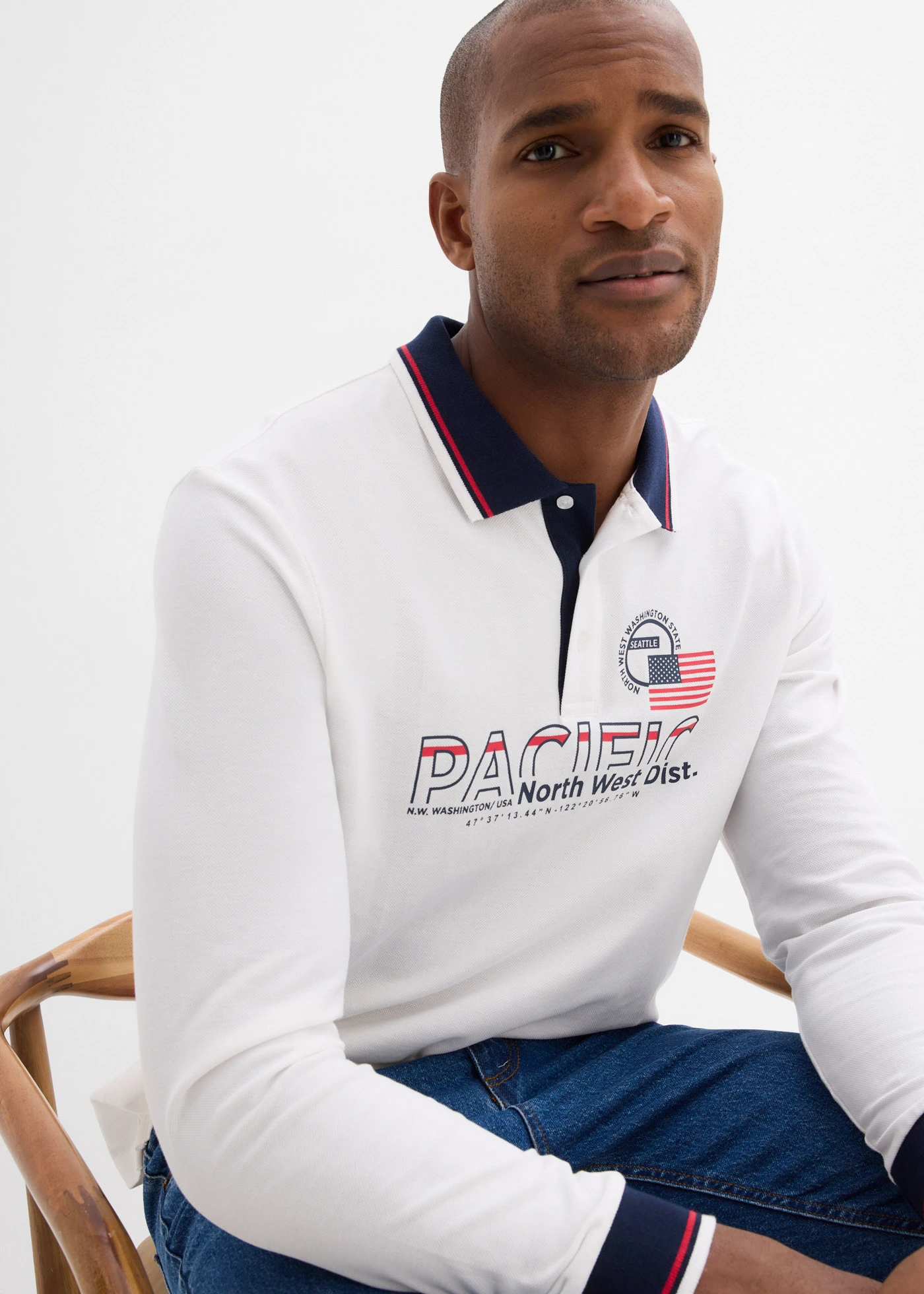 Polo manches longues en maille piquée 100% coton • blanc imprimé • Boutique bonprix