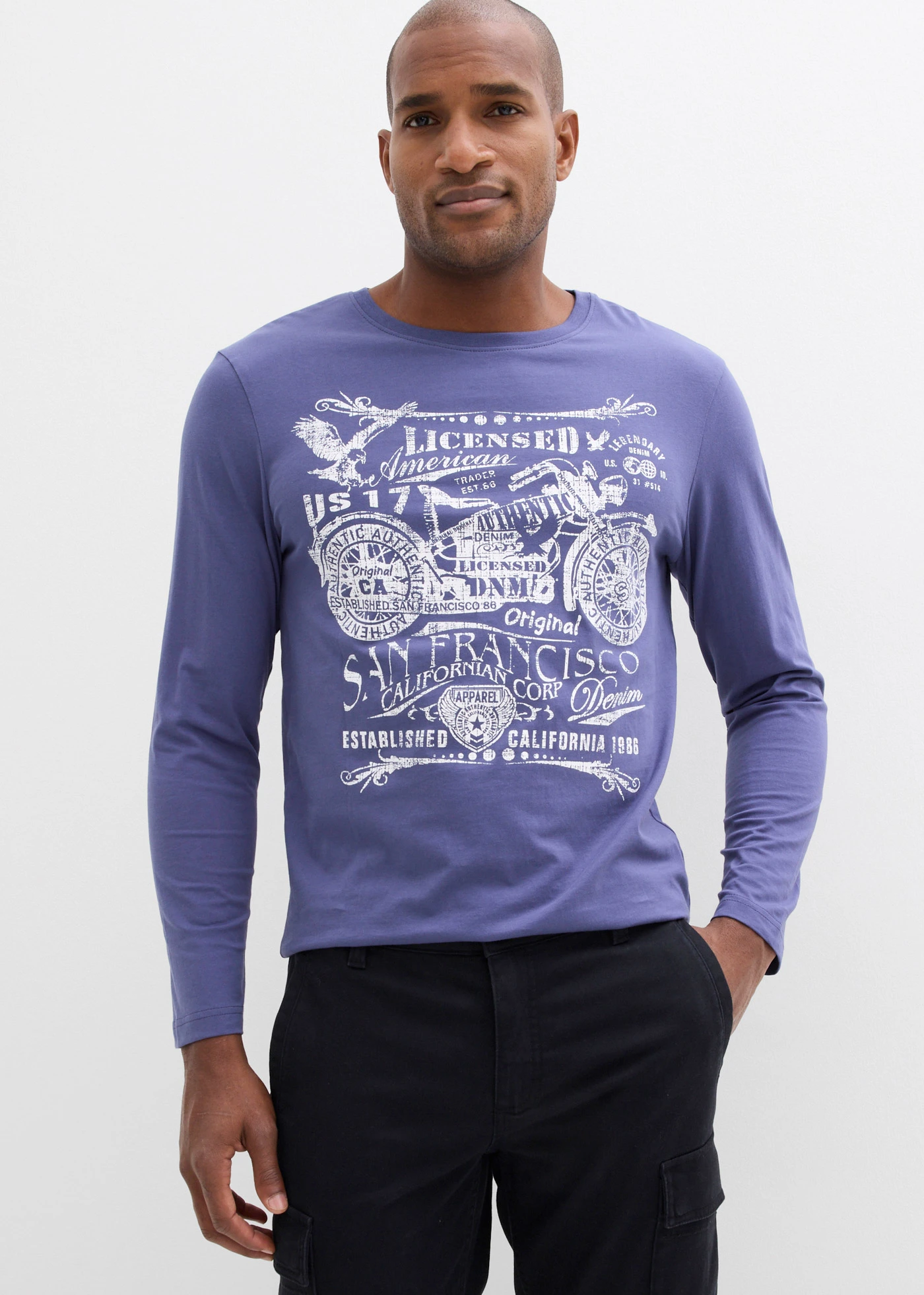 T-shirt manches longues 100% coton • indigo imprimé • Boutique bonprix