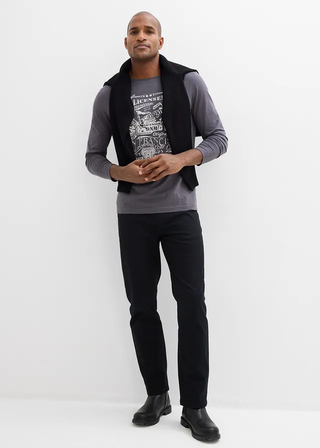 Classic fit stretch broek, straight, Kleur: zwart