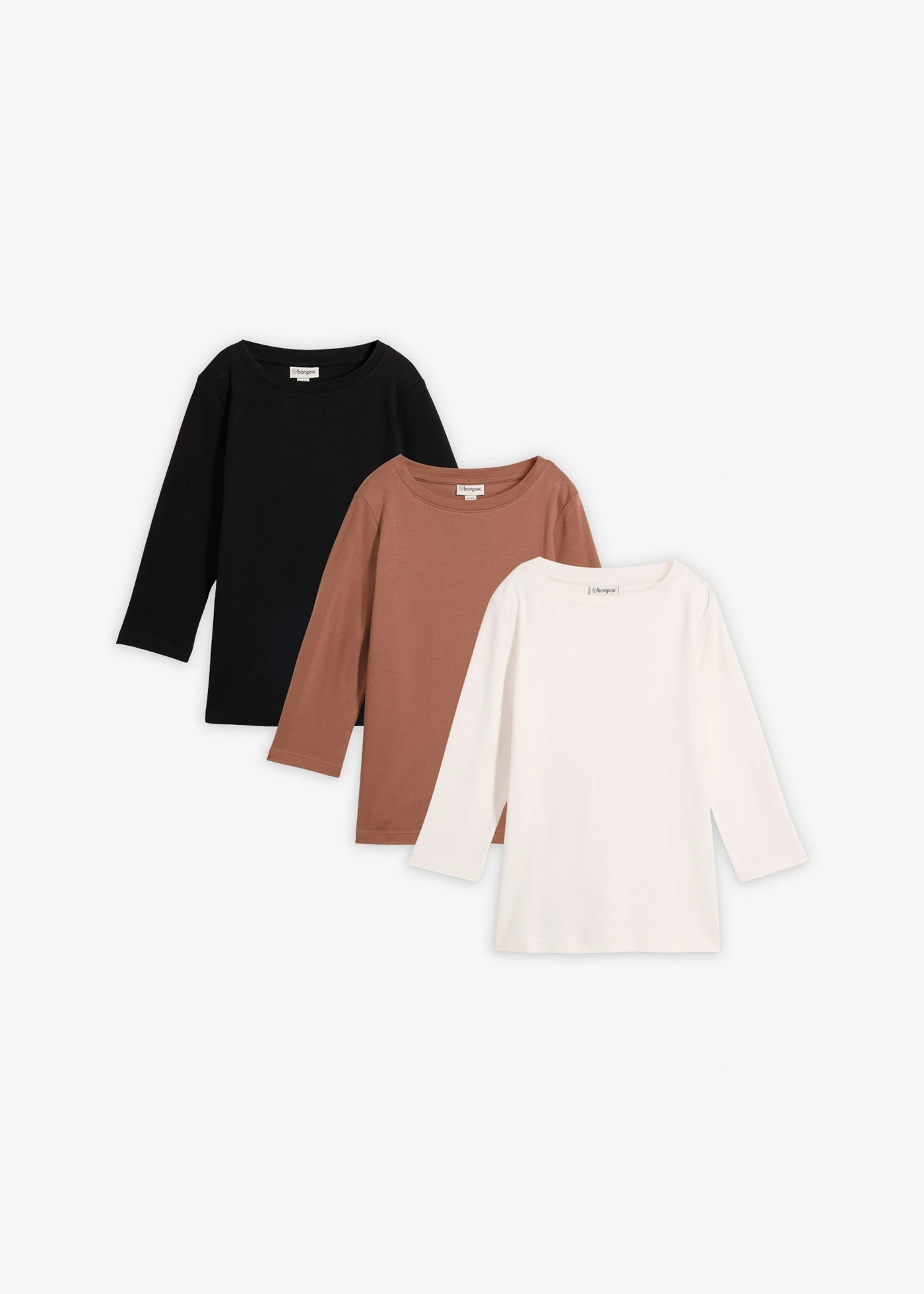 Lot de 3 T-shirts en jersey coton épais • marron-noir-blanc nacré • Boutique bonprix
