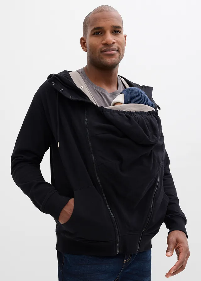 Sweat zippé homme en coton avec empiècement de portage, Couleur: noir