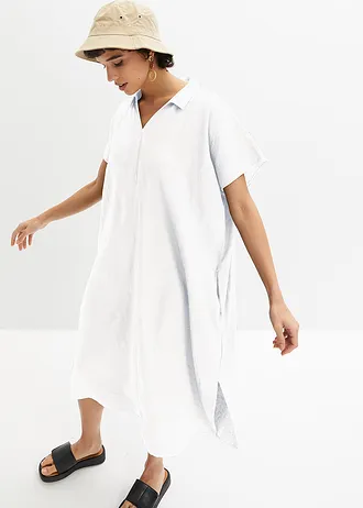 Robe caftan légère en lin et viscose, Couleur: blanc