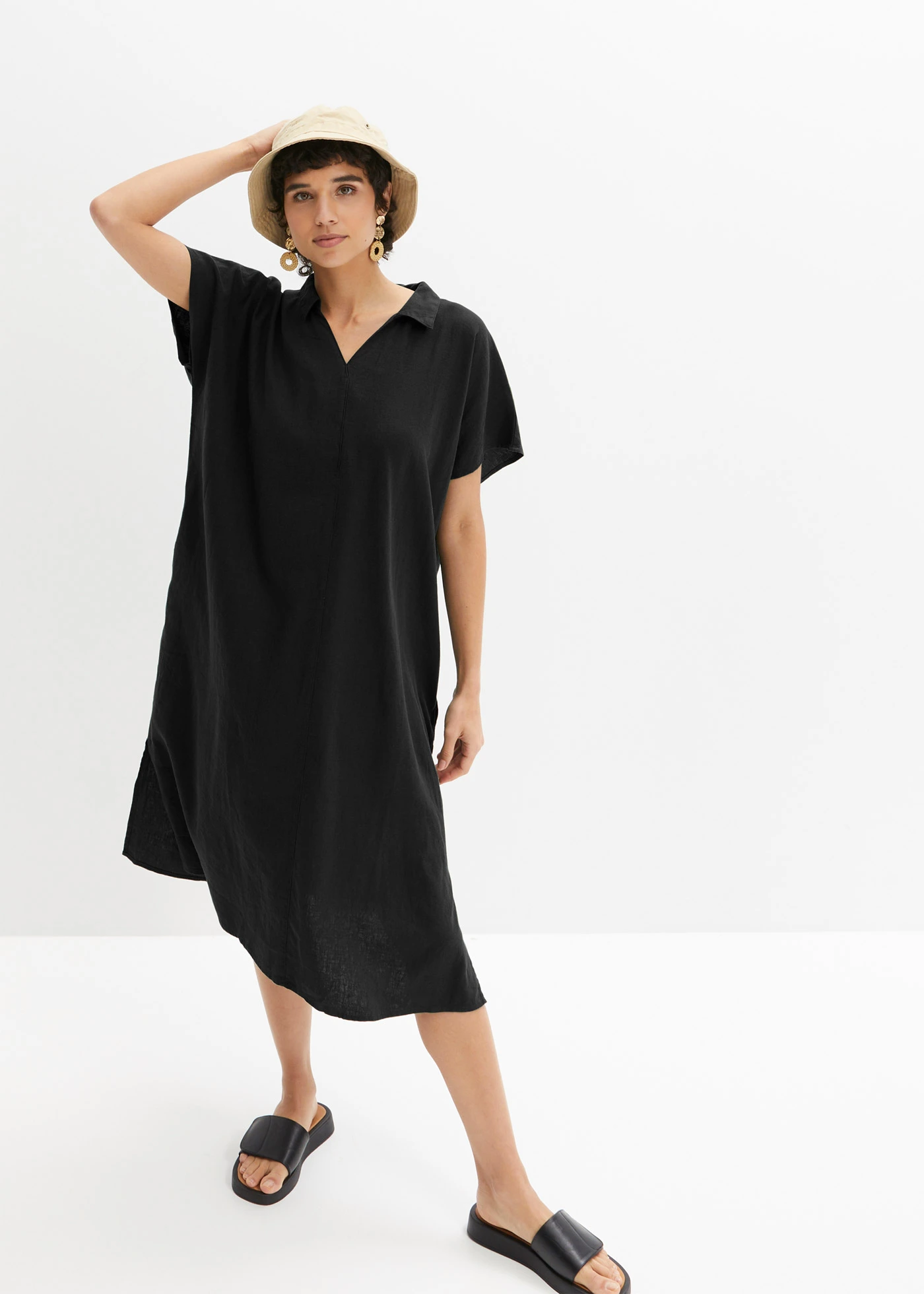 Rochie-caftan din material subțire cu in și viscoză • negru • magazin bonprix