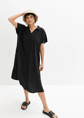 Kaftan jurk in een lichte linnen-viscosemix, Kleur: zwart