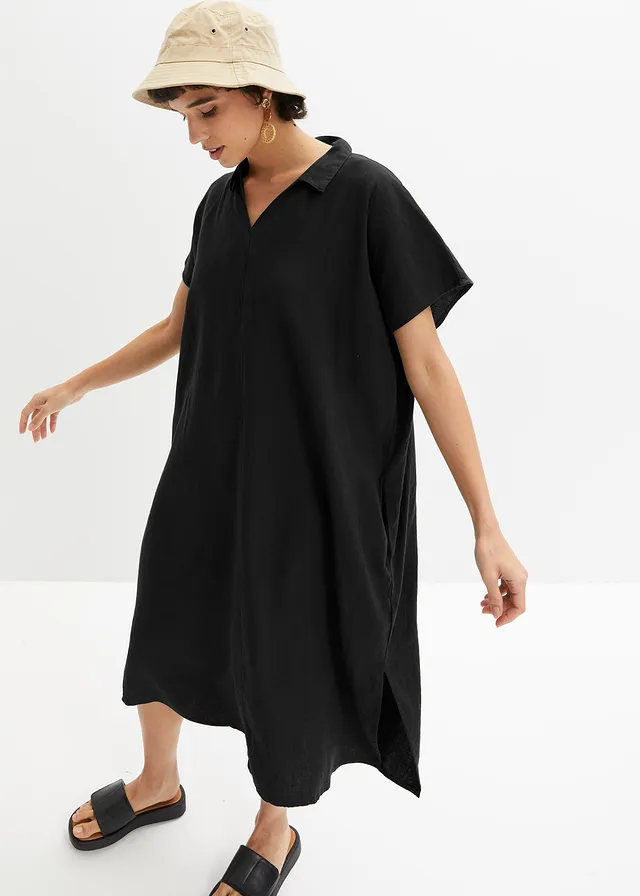 Robe caftan légère en lin et viscose, Couleur: noir