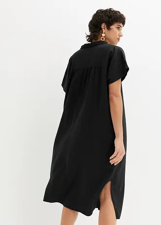Robe caftan légère en lin et viscose, Couleur: noir