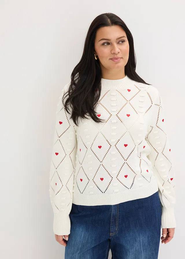 Pull ajouré, Couleur: écru-rouge imprimé