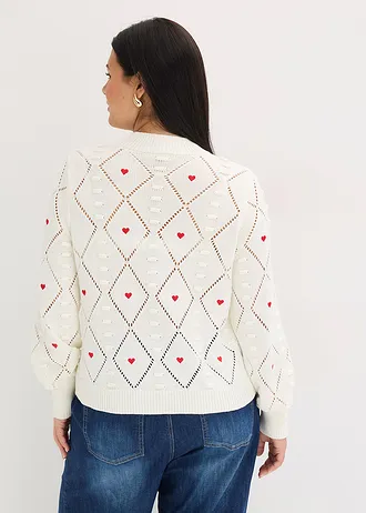 Ajour trui in een katoenmix, Kleur: wolwit-rood met print