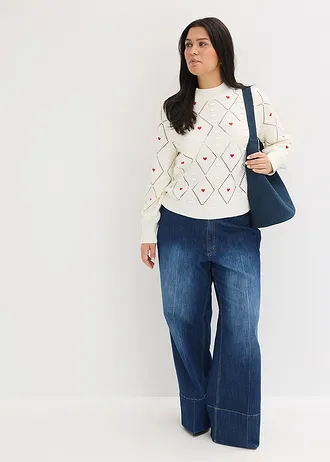 Ajour trui in een katoenmix, Kleur: wolwit-rood