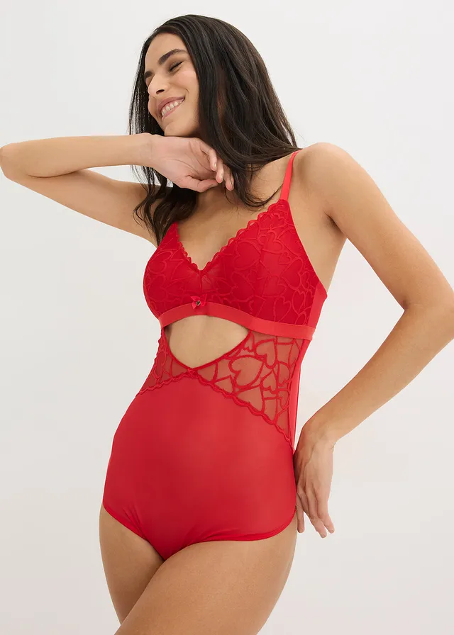 Body-string à dentelle cœurs, Couleur: rouge salsa