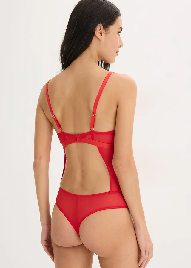 Stringbody met kant met hartjes, Kleur: salsarood