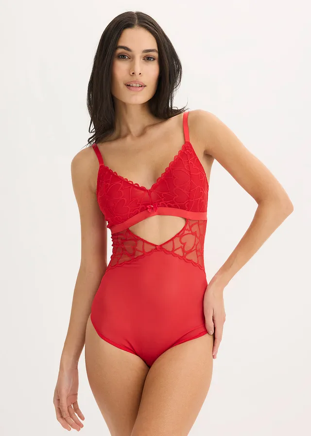 Stringbody met kant met hartjes, Kleur: salsarood