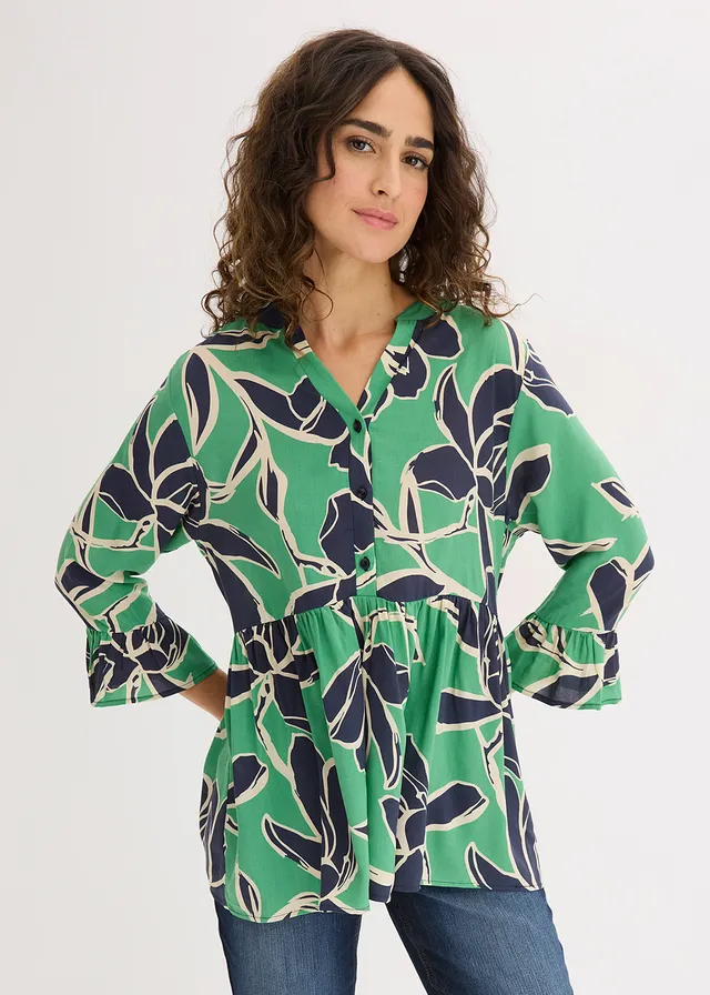 Tuniekblouse van soepele viscose, Kleur: opaalgroen gebloemd
