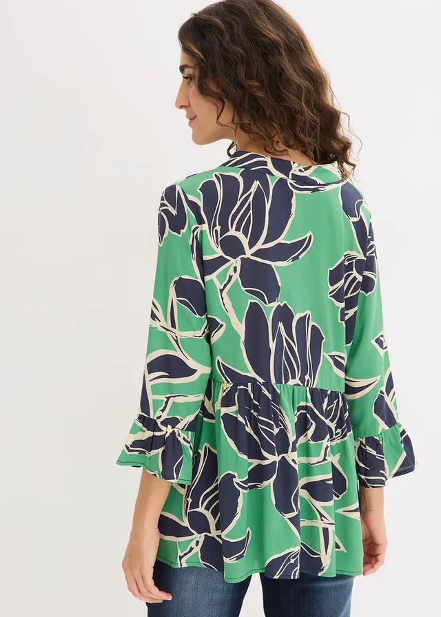 Blouse longue en viscose fluide, Couleur: vert opale floral