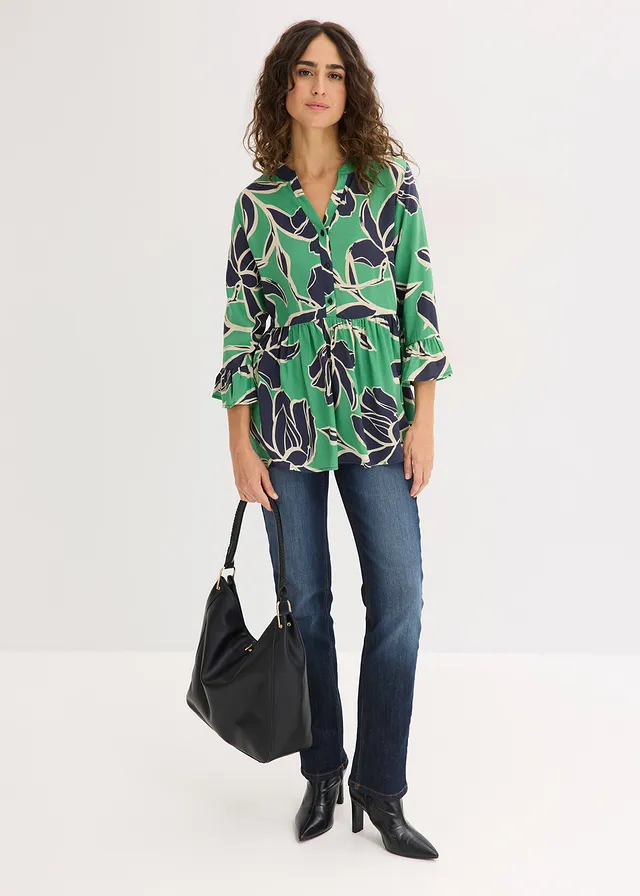 Blouse longue en viscose fluide, Couleur: vert opale floral
