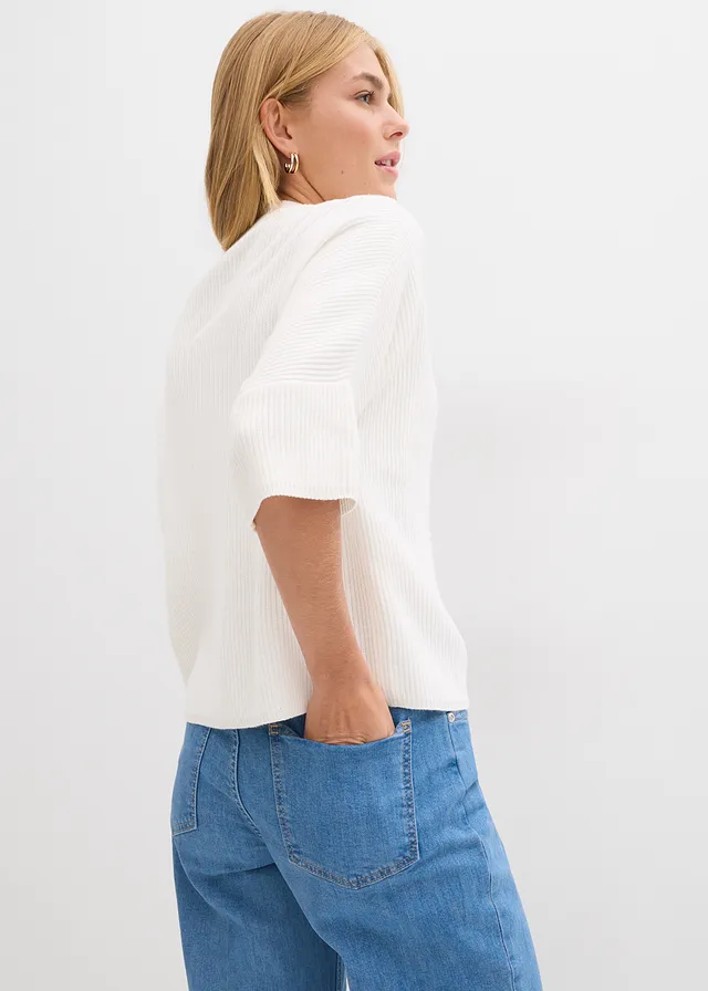 Boxy trui in een zachte viscosemix, Kleur: wolwit