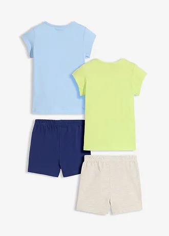 Lot de 2 pyjashorts doux, Couleur: bleu clair-bleu nuit + vert kiwi-écru chiné imprimé