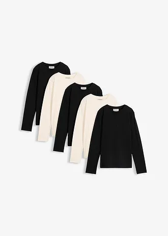 Lot de 5 T-shirts manches longues 100% coton, Couleur: noir-blanc nacré