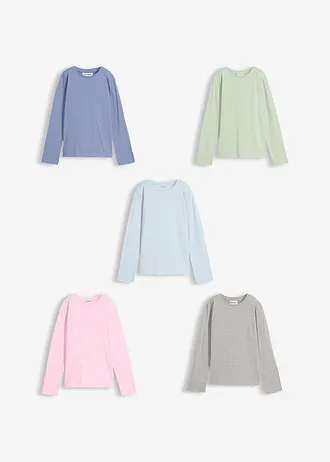 Longsleeve van puur biologisch katoen ( set van 5), Kleur: lichtrietgroen+poederblauw+kristalroze+mat blauw+lichtgrijs gemêleerd