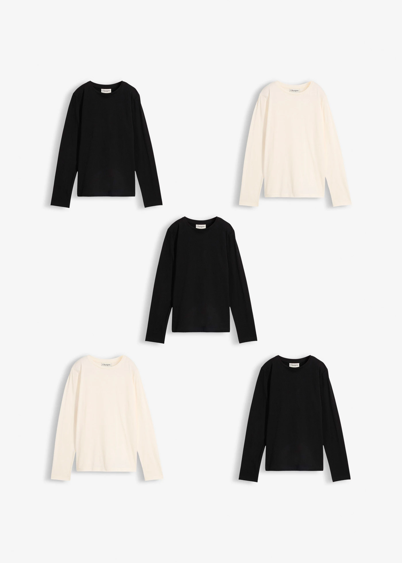 Bluză tricot cu mâneci lungi din bumbac organic 100% (set/5 buc.) • negru+alb perlat • magazin bonprix