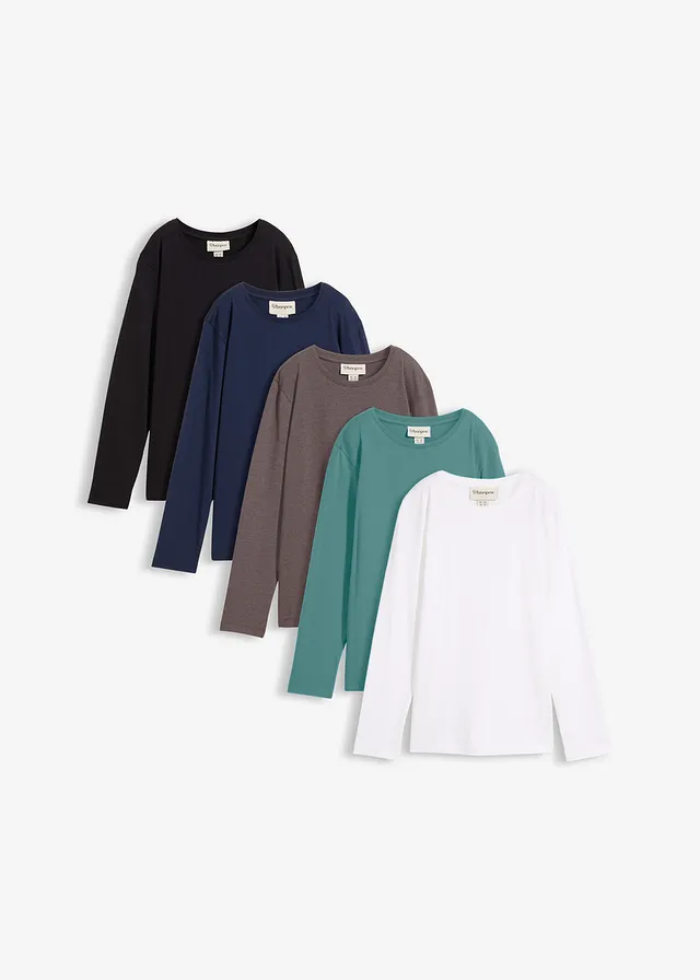 Longsleeve met biologisch katoen (set van 5), Kleur: zwart+mosgroen+antraciet gemêleerd+wit+donkerblauw