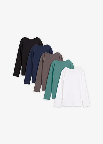 Lot de 5 T-shirts manches longues coton • noir+vert mousse+anthracite chiné+blanc+bleu foncé • Boutique bonprix