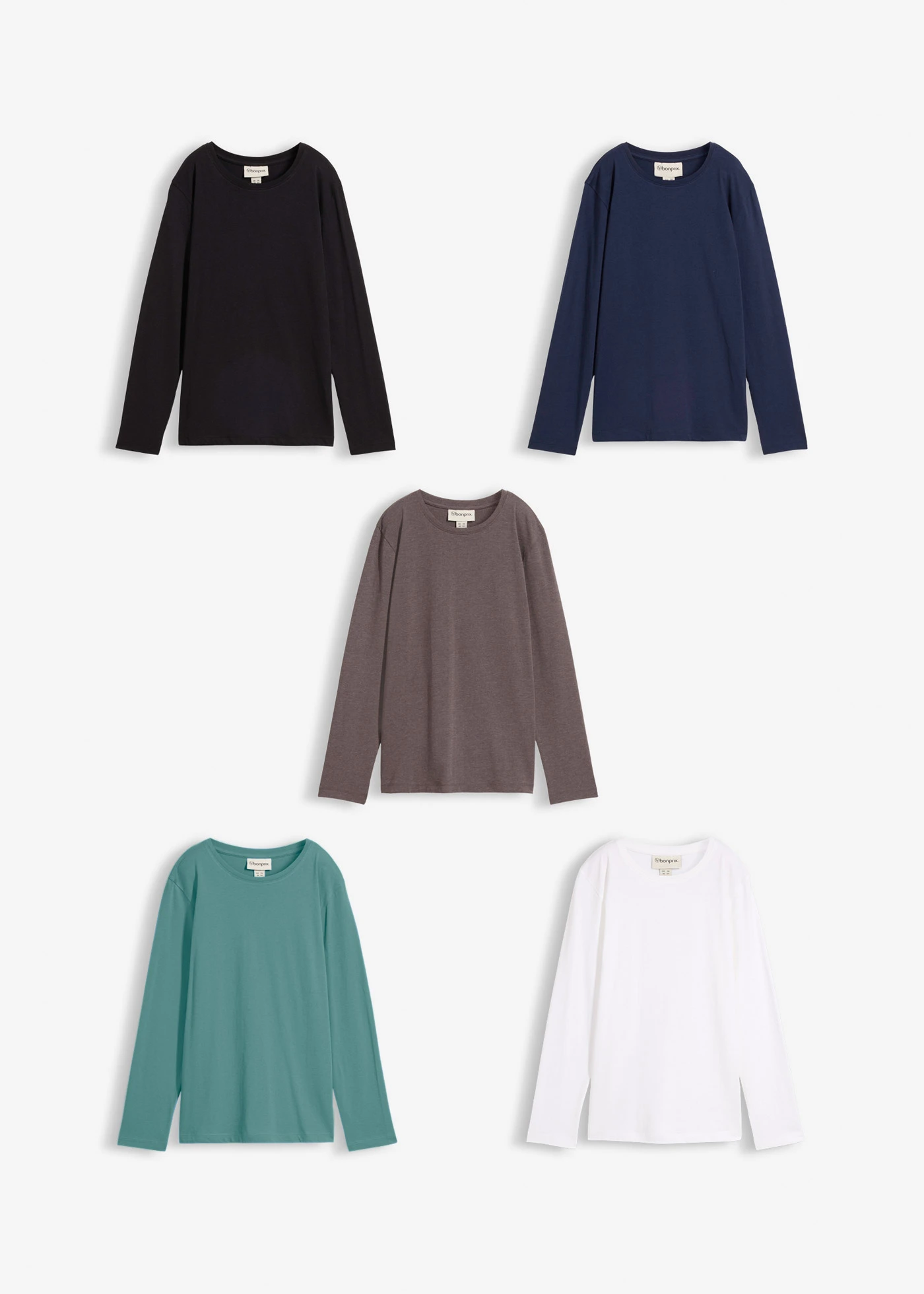 Lot de 5 T-shirts manches longues coton • noir+vert mousse+anthracite chiné+blanc+bleu foncé • Boutique bonprix