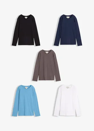 Longsleeve van biologisch katoen (set van 5) • zwart+mosgroen+antraciet gemêleerd+wit+donkerblauw • bonprix online shop