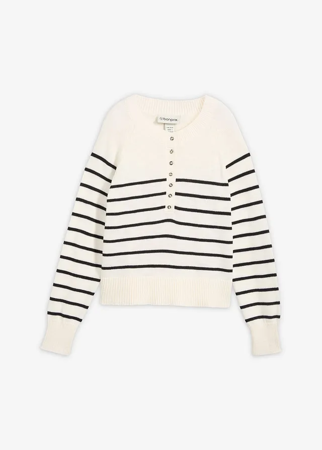Pulover din bumbac 100% • alb perlat-negru cu dungi • magazin bonprix