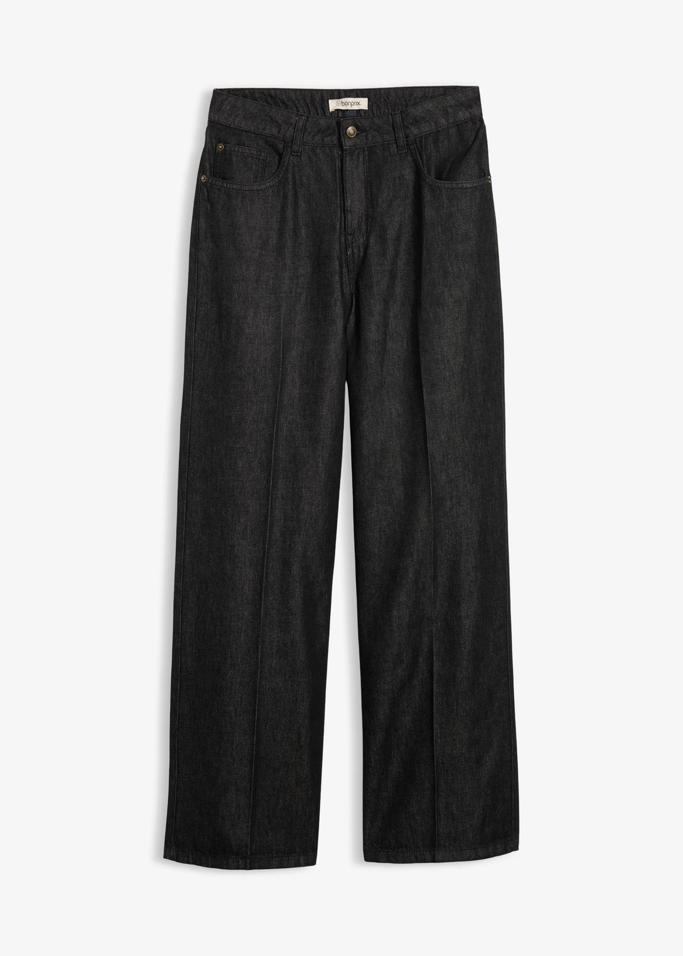Wide Leg farmer, Mid Waist • fekete denim, használt hatású • bonprix áruház