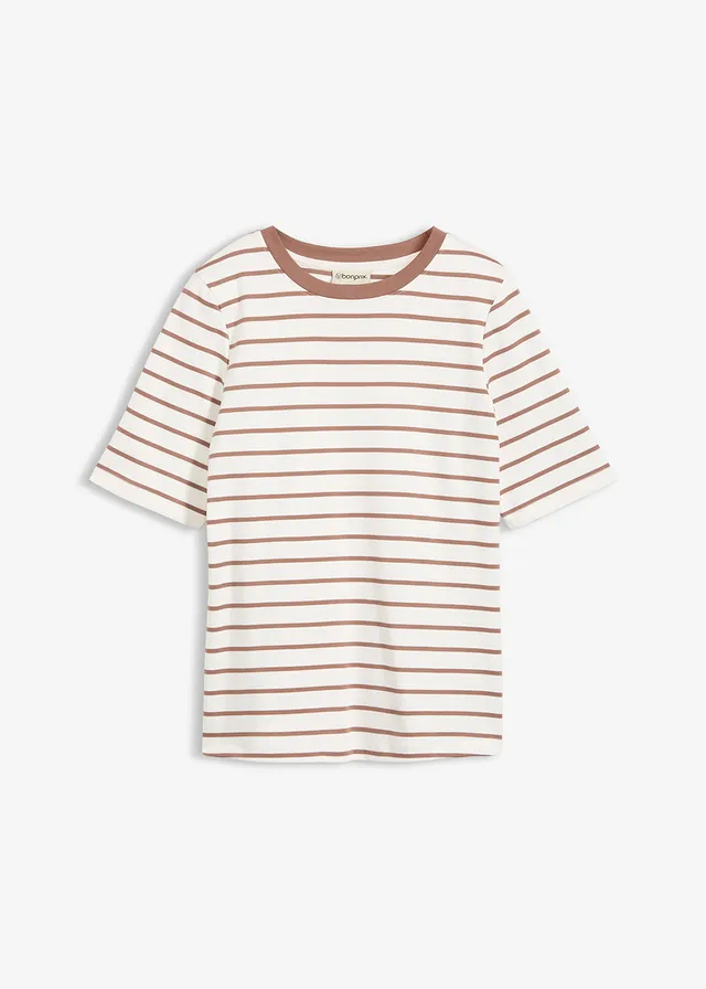 Tricou din bumbac organic 100% greu • ecru/maro castaniu dungat • magazin bonprix