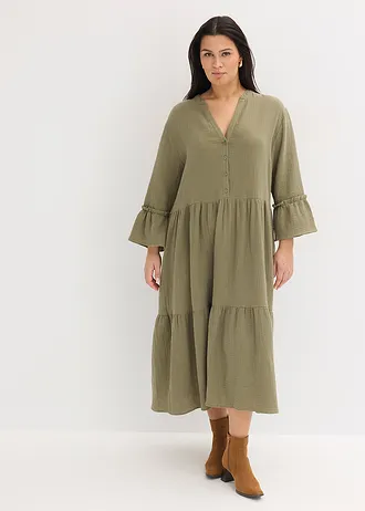 Maxi jurk van mousseline, Kleur: olijfgroen