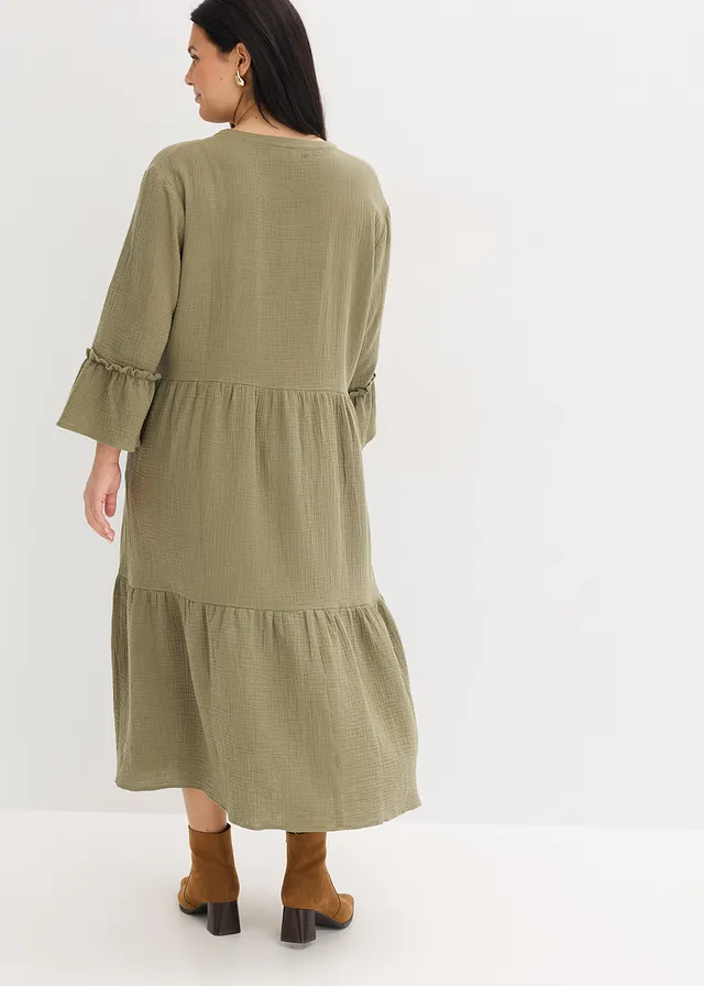 Robe longue en gaze de coton douce, Couleur: olive