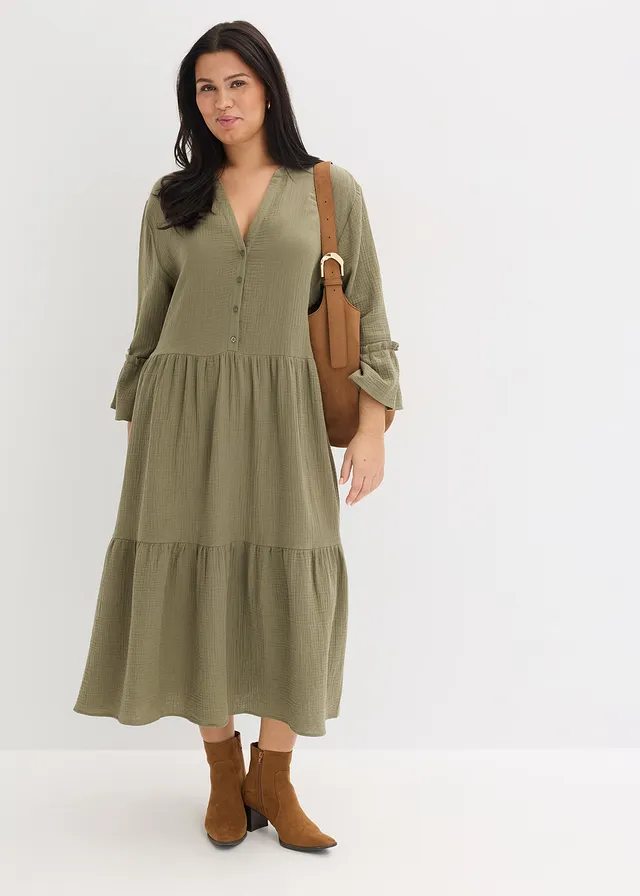 Robe longue en gaze de coton douce, Couleur: olive