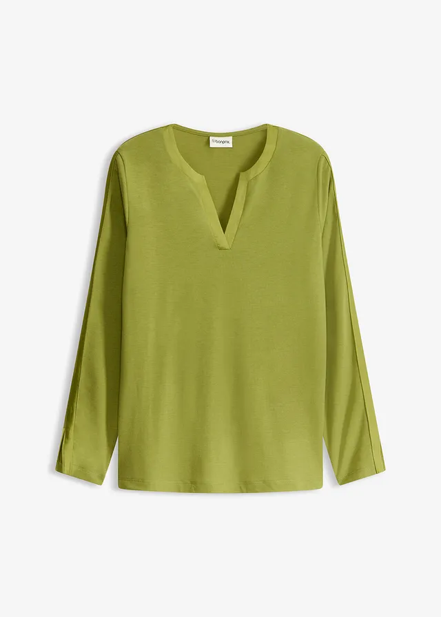 T-shirt manches longues avec empiècement satin • vert mousse • Boutique bonprix