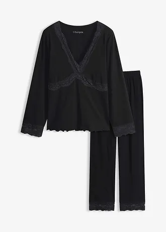 Pijama cu garnitură din dantelă • negru • magazin bonprix
