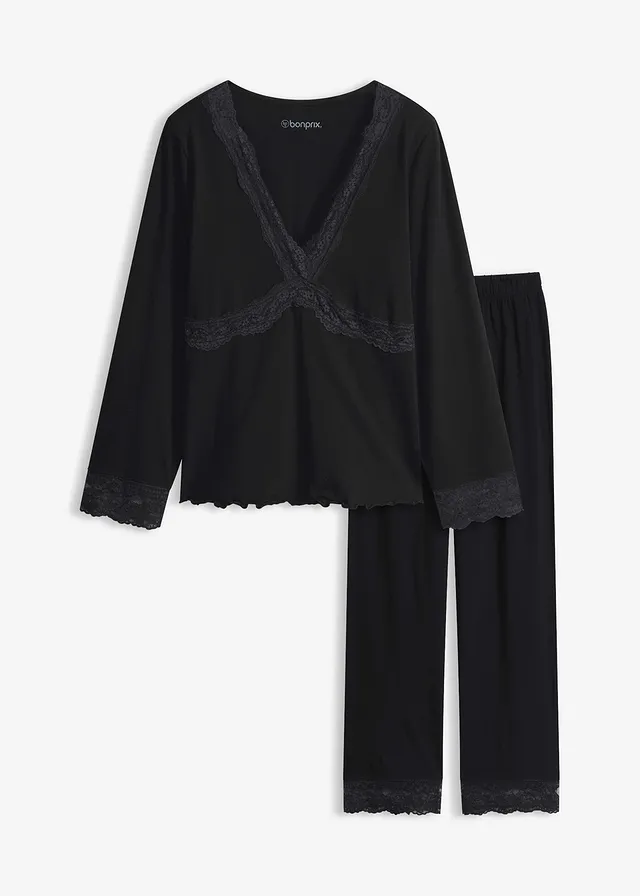 Pijama cu garnitură din dantelă • negru • magazin bonprix