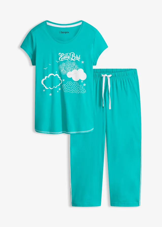 Pyjama corsaire 100% coton, Couleur: émeraude/blanc