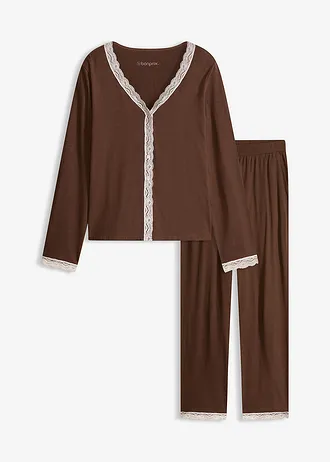 Pyjama met knoopsluiting, Kleur: bruin-wolwit