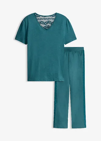 Pyjama met viscose en kant, Kleur: pepergroen
